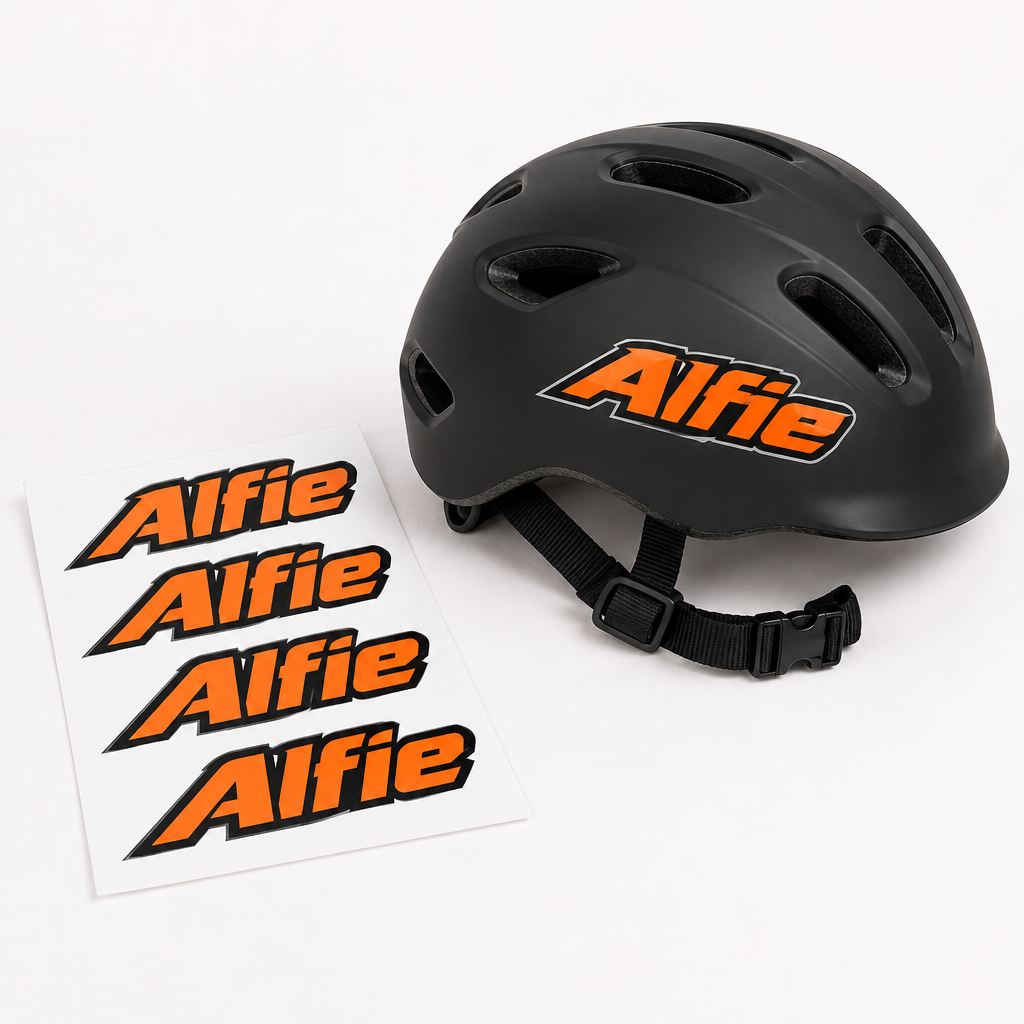Personalised Bike & Riding Helmet Name Decals – Kids Name Stickers for Helmets – UV DTF – Personalised Bike & Riding Helmet Name Decals – personalised helmet name decals printed with Alfie beside a bike helmet
