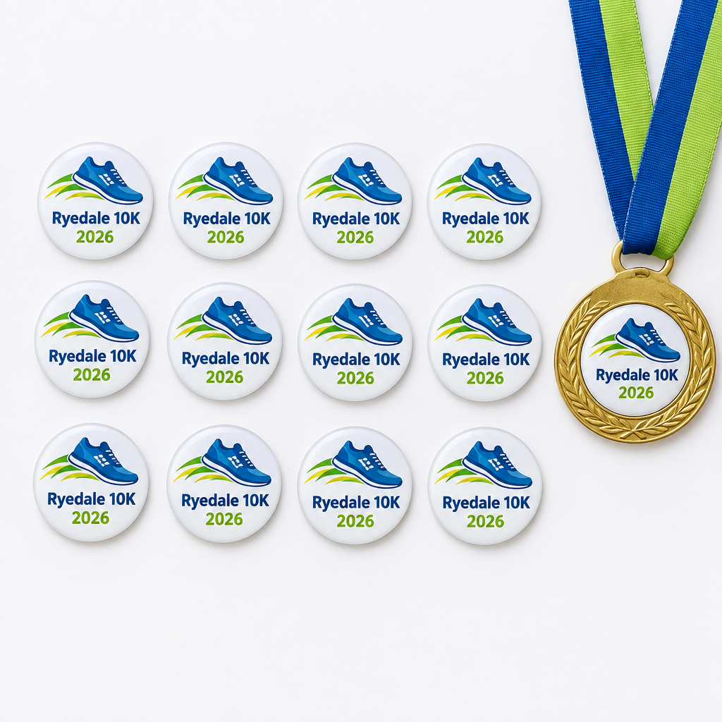 Printed Medal Inserts 25 mm – Custom Logo & Event Text – Clubs, Races & Schools – Printed medal inserts on a white background, showing an example personalised design