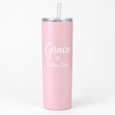 Personalised 20oz skinny tumbler with the name Grace on a white background