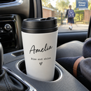 Personalised travel coffee cup with the name Amelia in a car cup holder