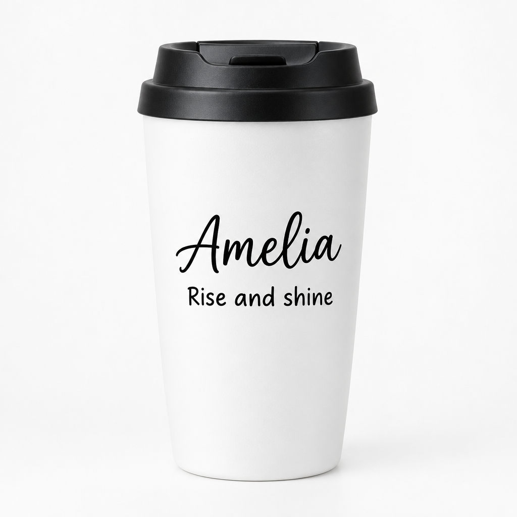 Personalised Travel Coffee Cup – Name & Message – Reusable Takeaway Cup Gift – Personalised travel coffee cup with the name Amelia on a white background