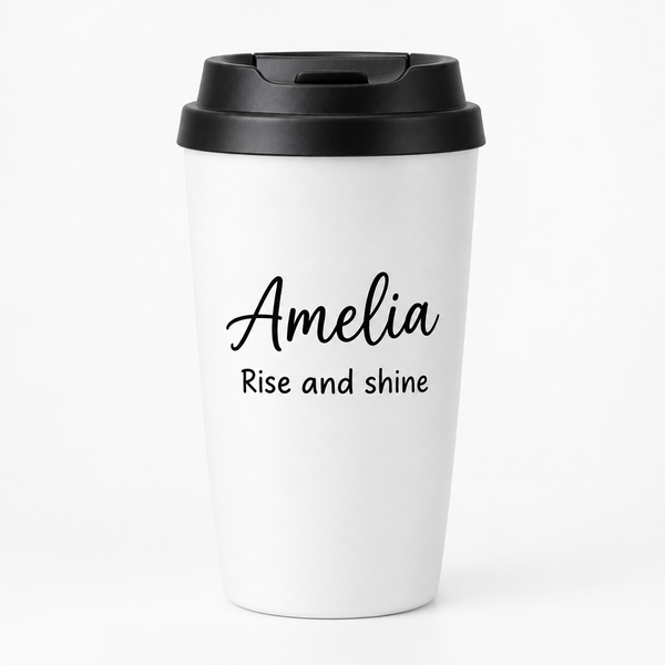 Personalised travel coffee cup with the name Amelia on a white background