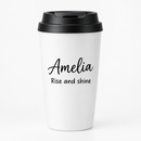 Personalised travel coffee cup with the name Amelia on a white background