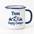 Personalised enamel camping mug with the name Tom on a white background