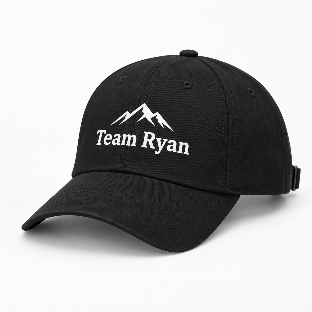 Personalised Cap – Custom Text or Logo Printed Cap for Teams, Events & Business – Personalised cap in black printed with the text Team Ryan