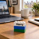 Custom printed building bricks used as a desk name plate