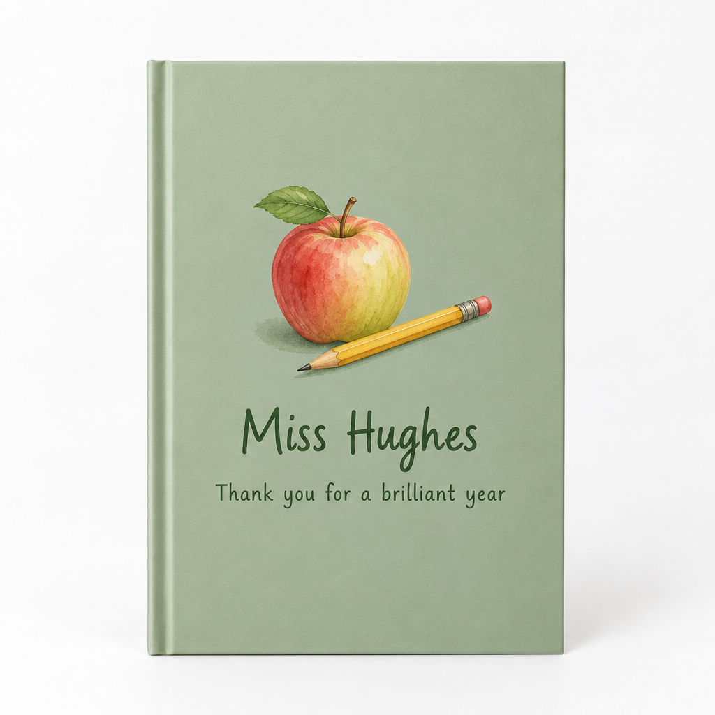Personalised A5 Notebook – UV Printed Cover with Name & Message – Teacher & Office Gift – Personalised A5 notebook printed with Miss Hughes and a thank you message
