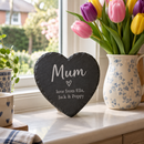 Personalised Mum slate heart on a kitchen windowsill with tulips