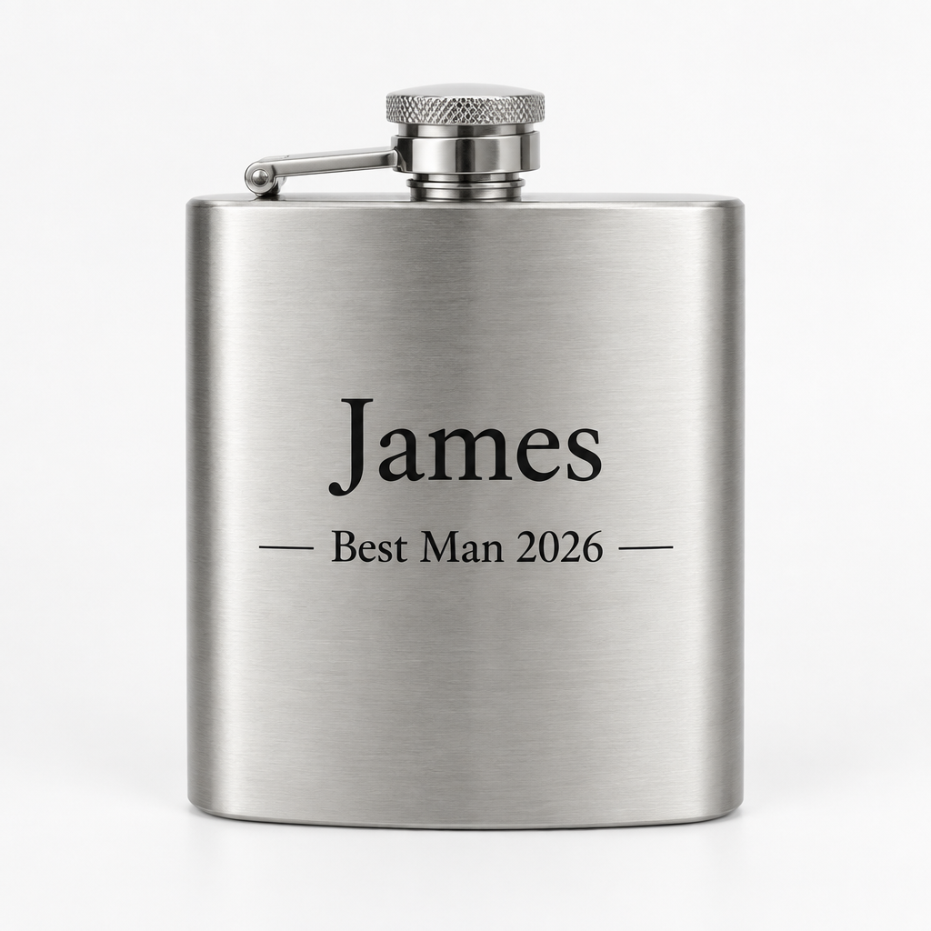 Personalised Hip Flask – Name & Message – Groomsman, Dad or Retirement Gift – Personalised hip flask with the name James on a white background