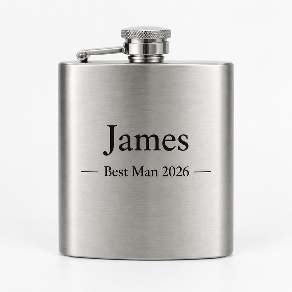 Personalised hip flask with the name James on a white background
