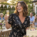 Woman wearing a personalised party sash at her 40th birthday garden party