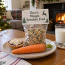 Personalised reindeer food bag with mince pie and carrot left out for Santa
