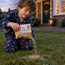 Child sprinkling reindeer food from a personalised reindeer food bag on Christmas Eve