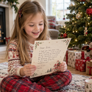 Child reading her personalised letter from Santa by the tree