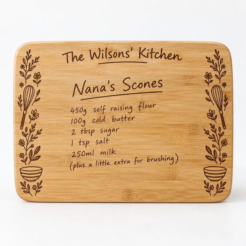 Personalised Bamboo Chopping Board – Handwritten Recipe or Family Name – UV Printed Kitchen Gift – Personalised bamboo chopping board with a handwritten recipe and family name