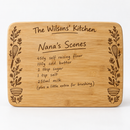 Personalised bamboo chopping board with a handwritten recipe and family name