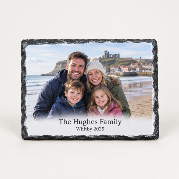Personalised Photo Slate – personalised photo slate printed with a happy family photo on a beach and the text The Hughes