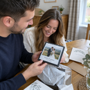 Personalised square photo slate, held by a couple opening it as a wedding gift at a dining table with cards around