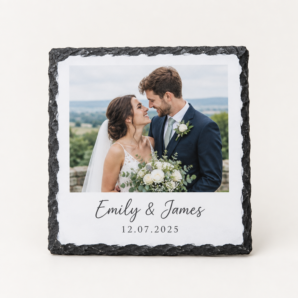 Personalised Square Photo Slate – Glossy Finish – Photo, Name & Date Keepsake – Personalised Square Photo Slate – personalised square photo slate printed with a wedding couple photo and the text Emily &