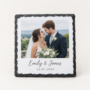 Personalised square photo slate printed with a wedding couple photo and the text Emily & James and 12.07.2025, on a plain background
