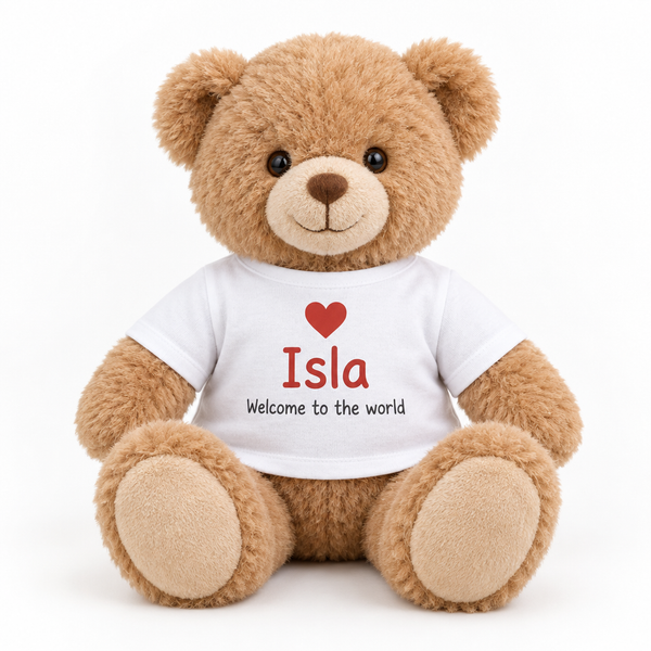 Personalised teddy bear with t-shirt printed with the name Isla and Welcome to the world
