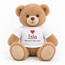 Personalised teddy bear with t-shirt printed with the name Isla and Welcome to the world