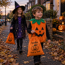 Children in Halloween costumes carrying personalised trick or treat bags down a street