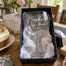 Personalised gin balloon glass with the name Sophie in a gift box for a birthday
