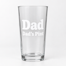 Personalised pint glass with the name Dad on a white background