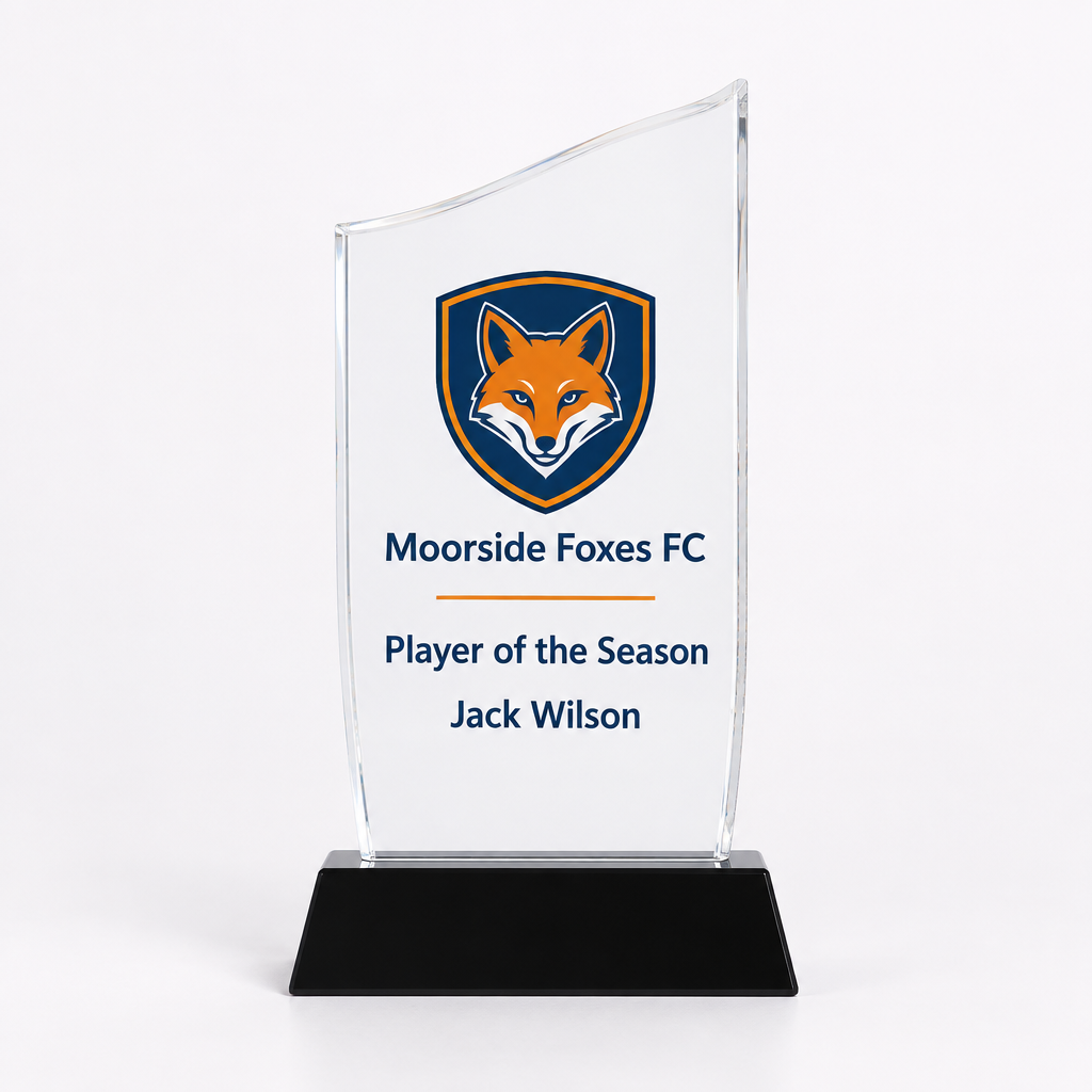 Personalised Acrylic Club Award Trophy – Club Logo, Award Title & Winner Name – 15 cm or 20 cm – Acrylic club award trophy on a white background, showing an example personalised design