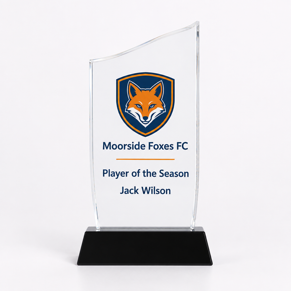 Acrylic club award trophy on a white background, showing an example personalised design