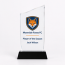 Acrylic club award trophy on a white background, showing an example personalised design