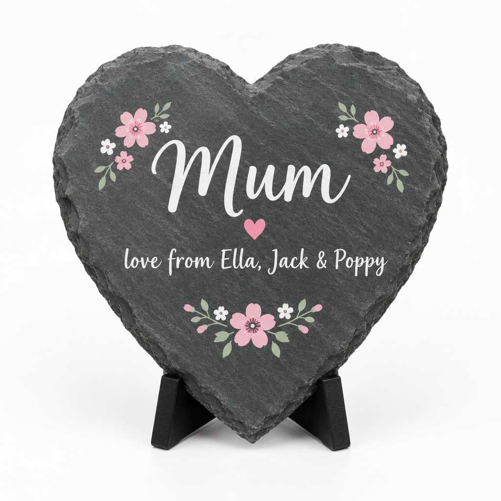 Personalised Mum Slate Heart – Names Printed on Slate – Mother's Day Keepsake – Personalised Mum slate heart printed with the names Ella, Jack and Poppy