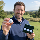Golfer holding a ball from a personalised golf ball box