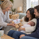 Grandmother giving a personalised teddy bear to new parents and their baby