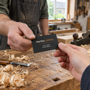Metal business cards handed over in a joinery workshop