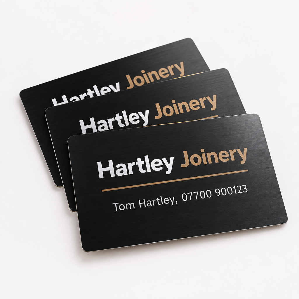 Metal Business Cards – UV Printed Anodised Aluminium – Your Own Artwork – Packs of 25 or 50 – Metal business cards on a white background, showing an example personalised design