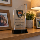 Acrylic club award trophy displayed on a shelf at home