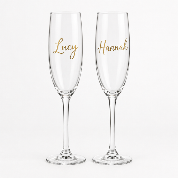 Personalised prosecco flute with the name Lucy on a white background