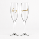 Personalised prosecco flute with the name Lucy on a white background