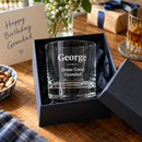 Personalised whisky tumbler with the name George in a birthday gift box