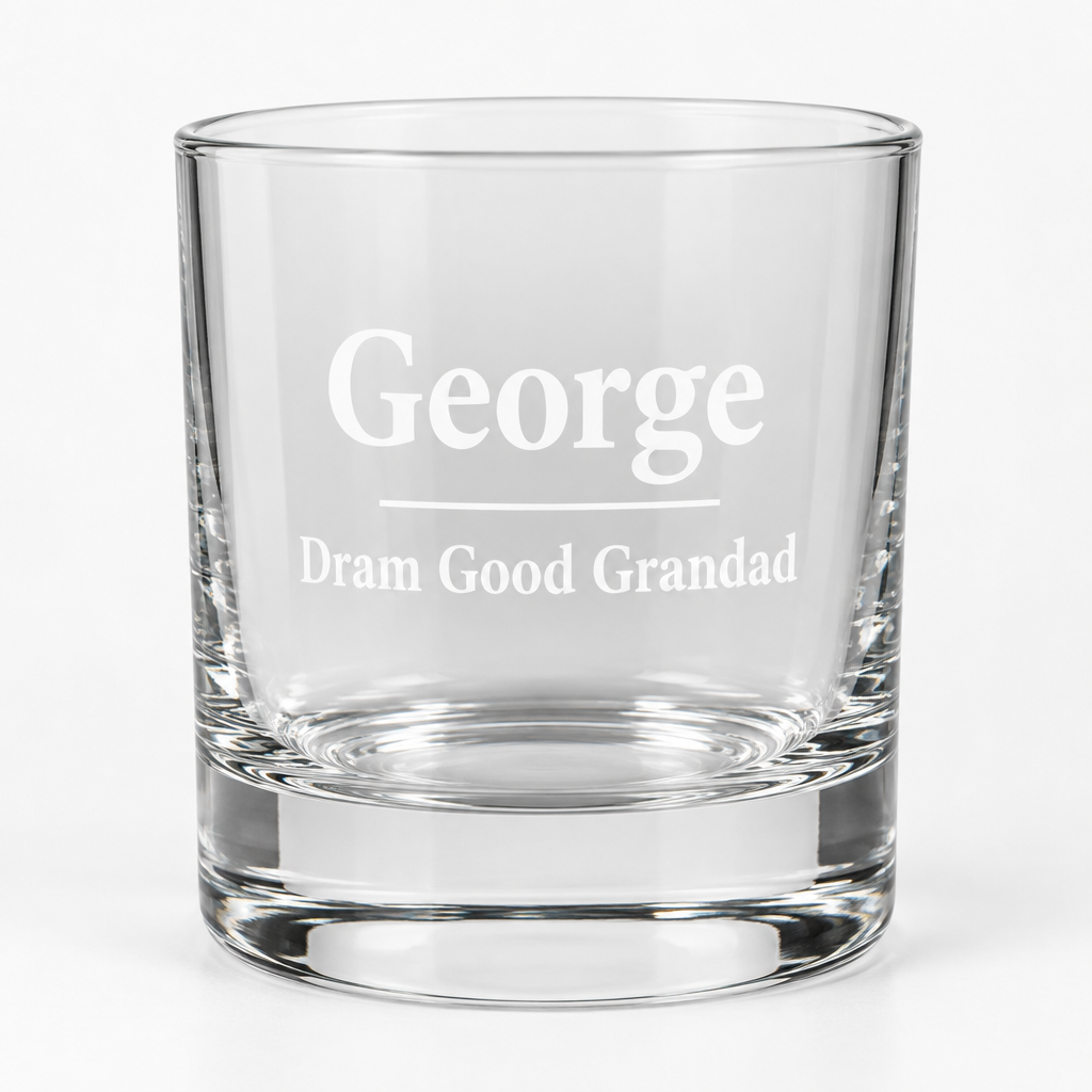 Personalised Whisky Tumbler – Name & Message – Whisky Glass Gift for Him – Personalised whisky tumbler with the name George on a white background