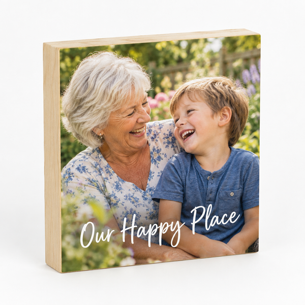 Personalised wooden photo block with a family photo and message
