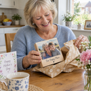 Grandmother receiving a personalised wooden photo block gift