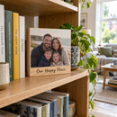 Personalised wooden photo block on a bookshelf