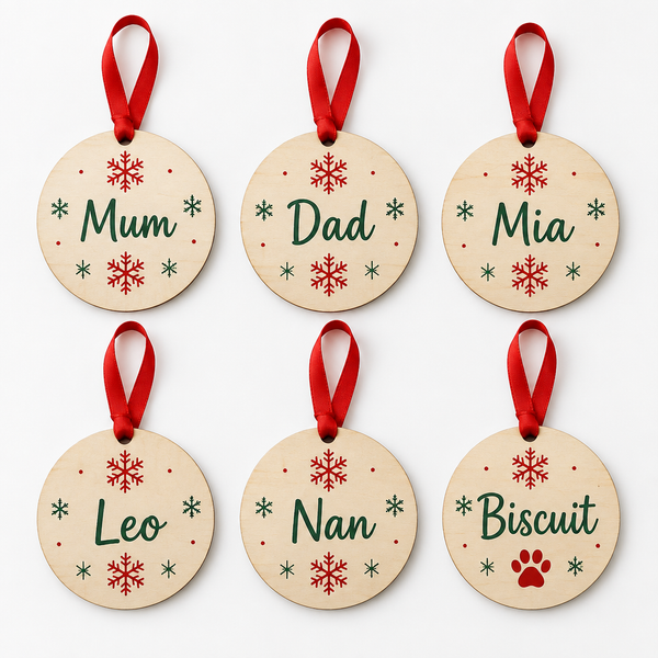 Personalised Wooden Christmas Tree Decorations with Name – family set of personalised wooden tree decorations with names