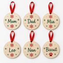 Family set of personalised wooden tree decorations with names