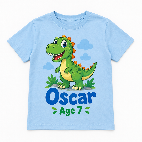 Personalised kids t-shirt printed with a child's name, age and design