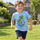 Child wearing a personalised kids t-shirt with name and age