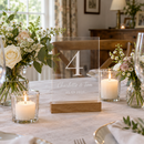 Personalised acrylic wedding table number on a reception table